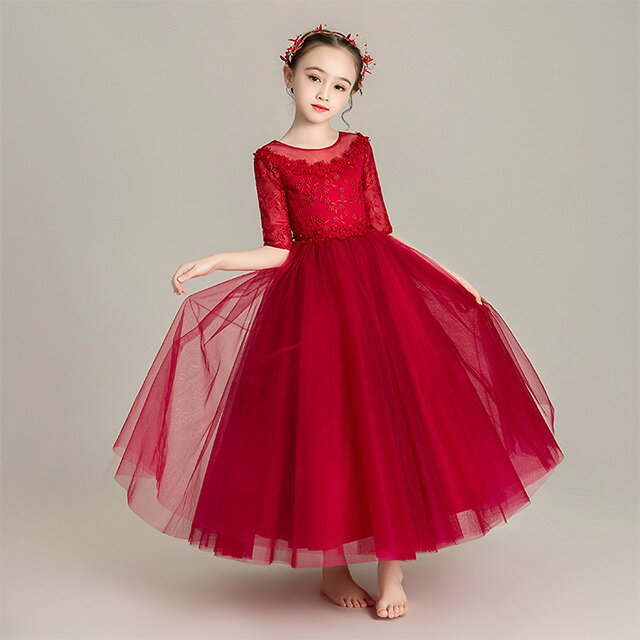 ワイン赤 ドレス 160 子供ドレス ロングドレス ピアノ発表会 ドレス レース チュール シンプル ワンピース 女の子 フォーマル 女児ドレス 演奏会 ホワイトドレス 子ども キッズドレス ピンク シャンパン色 80-160cm 送料無料