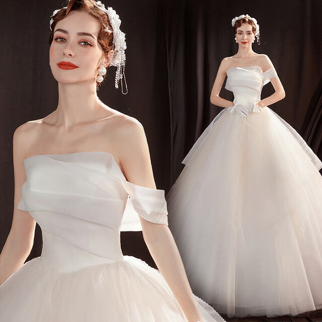 ウエディングドレス ノースリーブ ビスチェドレス ベアトップ 結婚式ドレス Aライン ホワイトドレス シンプル 優雅 エレガント 花嫁ドレス ブライダルドレス 編み上げ ロングドレス 白 披露宴 挙式 プリンセスドレス 送料無料