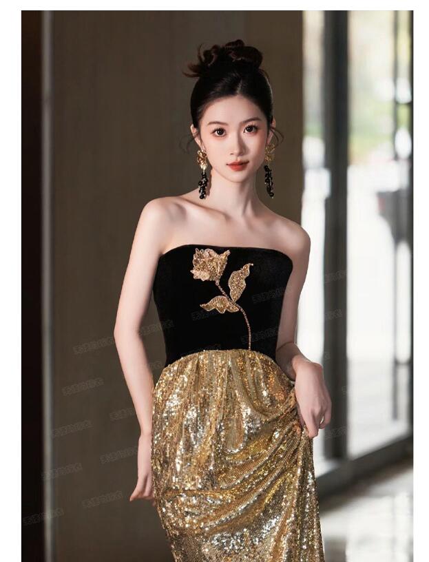 送料無料 イブニングドレス 黒 オフショルダー ベロア ベルベット 刺繍 花柄 オシャレ キレイめ ドッキング チュール ロングドレス パフスリーブ 発表会ドレス パーティードレス ロング丈 成人式ドレス 結婚式 二次会 お呼ばれ 演奏会ドレス XS S M L XL XXL XXXL