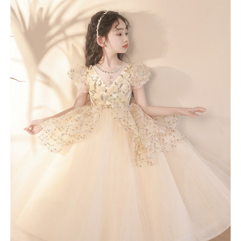 送料無料 子供ドレス シャンパン色 ピアノ発表会ドレス ロングドレス 演奏会ドレス 女の子 フォーマル スパンコール パールボタン 可愛い 女児ドレス 七五三ドレス ショート丈 子供 ドレス キッズドレス 子どもドレス 100~160cm 2