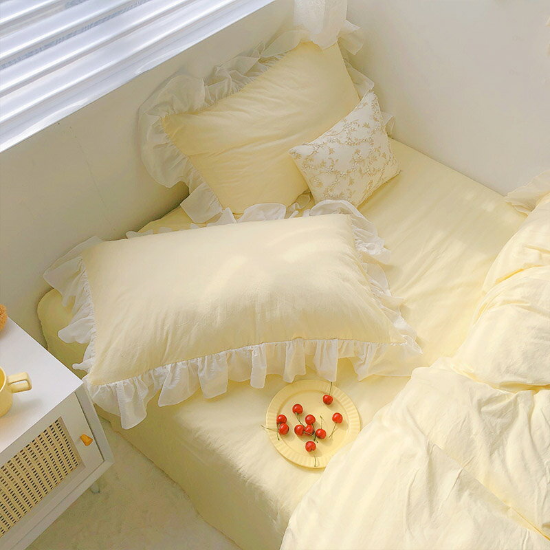 送料無料 布団カバーセット イエロー フリル 韓国風 無地 コットン100% 寝具カバーセット 3点セット 4点セット シングル ミダブル ダブル ベッド用品 綿100% 掛け布団カバー 敷カバー フラットシーツ 枕カバー ピローケース