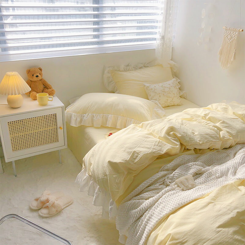 送料無料 布団カバーセット イエロー フリル 韓国風 無地 コットン100% 寝具カバーセット 3点セット 4点セット シングル ミダブル ダブル ベッド用品 綿100% 掛け布団カバー 敷カバー フラットシーツ 枕カバー ピローケース [2]