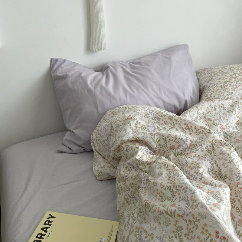 送料無料 布団カバーセット パープル 花柄 韓国風 オシャレ 掛け布団カバー コットン100% 寝具カバーセット 3点セット 4点セット シングル セミダブル ダブル ベッド用品 可愛い 綿100% 敷カバー フラットシーツ 枕カバー ピローケース