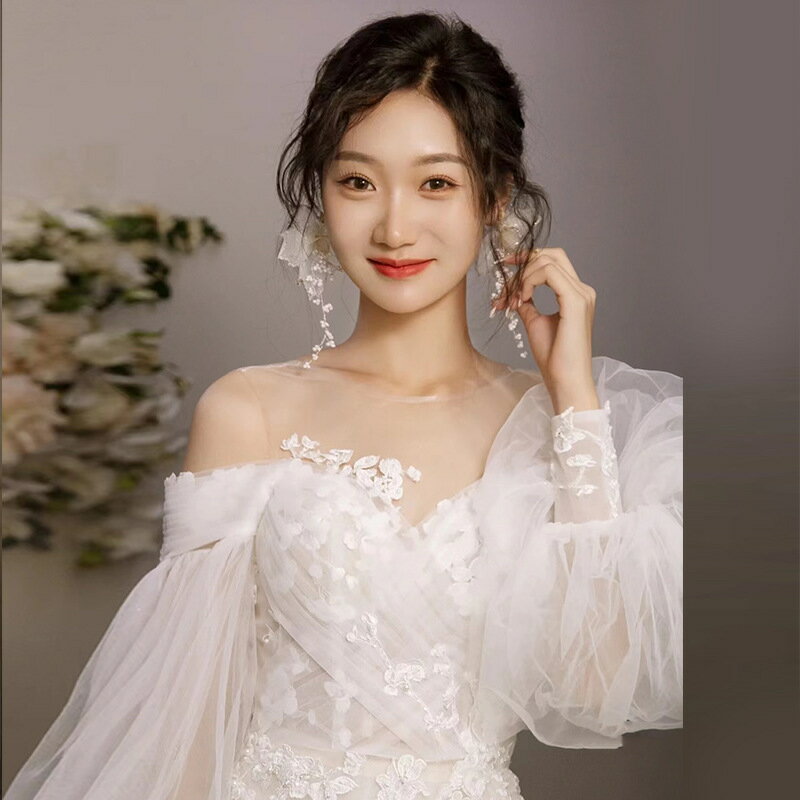 送料無料 ウェディングドレス オフショルダー レース チュール 花柄 可愛い 二次会ドレス ウェディング 白 結婚式ドレス 花嫁ドレス ロング ブライダルドレス ホワイト 袖あり 長袖 パフスリーブ オシャレ S S M L XL XXL