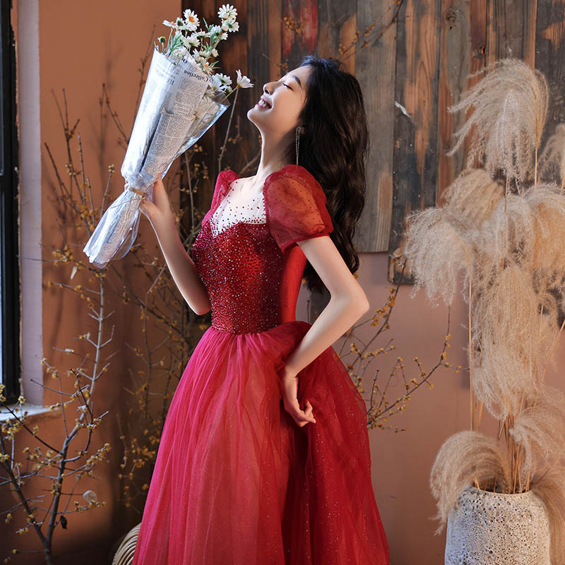 送料無料 ゲストドレス ワイン赤 結婚式ドレス 二次会ドレス ロング Aライン チュール ドレス パフスリーブ 可愛い ロングドレス 結婚式 二次会 ビーズ キラキラ パーティードレス ゲストドレス イブニングドレス XS S M L XL XXL XXXL