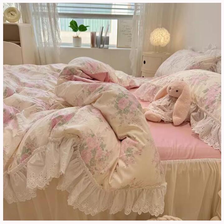 送料無料 布団カバーセット 寝具カバーセット 姫系 可愛い 花柄 リーフ レース付き シングル ダブル ベ..