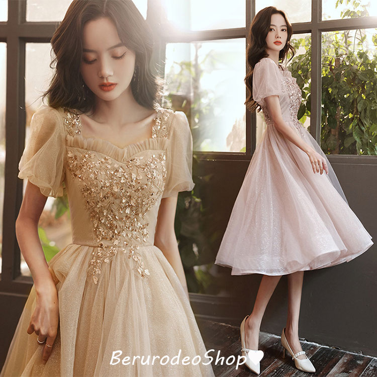 イブニングドレス ロングドレス ピンク ベージュ 発表会ドレス スパンコール キラキラ パフスリーブ パーティードレス Aライン ロング丈 ミモレ丈 2タイプ 二次会ドレス お呼ばれドレス 結婚式ドレス 20代 30代 40代 送料無料