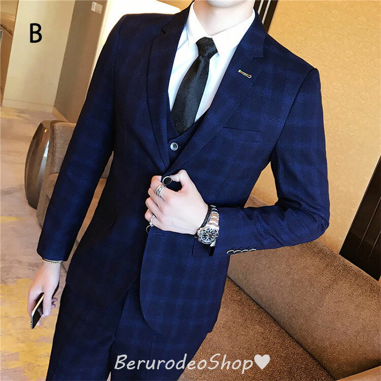 スーツ メンズ 3点セット チェック柄 ネイビー 紺色 格好いい 3ピーススーツ 紳士服 結婚式 二次会 長袖 タキシード スリーピーススーツ オフィス ビジネススーツ 黒 ブラック 通勤 就活 面接 セレモニー パーティー ジャケット＋ベスト＋パンツ 11色選択可 大人気 送料無料