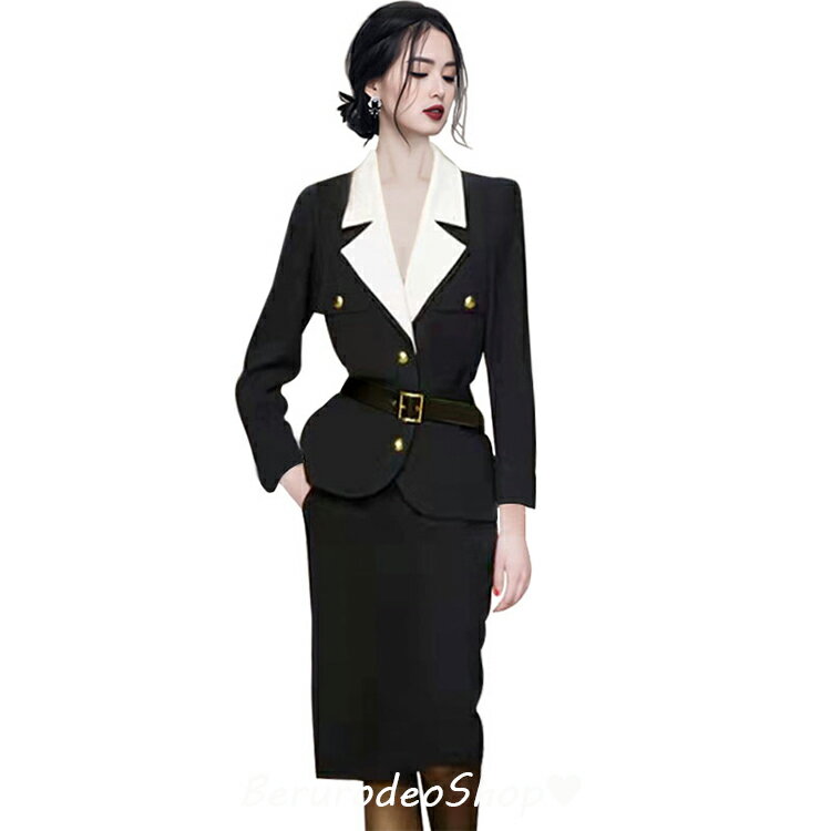 スカート セットアップ レディース 韓国風 テーラードジャケット 黒 タイトスカート 膝丈スカート 通勤 OL オシャレ 上下セット 2点セット 春秋 30代 40代 S M L XL 送料無料(4)