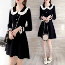 ニットワンピース 黒 襟付き フリル 可愛いワンピース ニット 膝丈ワンピース Aラインワンピース ブラック 長袖ワンピース ショート丈ワンピース 20代 30代 お嬢様 オシャレ デート お出かけ 春 秋 冬 送料無料