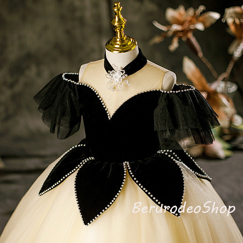 送料無料 子供ドレス ピアノ発表会ドレス 黒 ベロア ベルベット 演奏会ドレス ロング 女児ドレス ブラック シャンパン色 オフショルダー 花柄 パール 素敵 キレイめ 女の子ドレス キッズドレス ピアノ発表会 演奏会 オシャレ 100~160cm 2