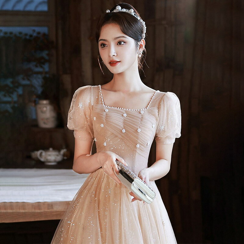 送料無料 ロングドレス 結婚式ドレス 二次会ドレス シャンパン色 パール 花柄 可愛い パーティードレス ロング イブニングドレス 発表会ドレス パフスリーブ ブライズメイドドレス S M L XL XXL XXXL