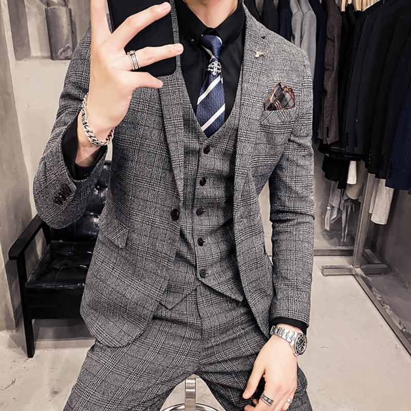 送料無料 全3色 メンズスーツ グレー チェック柄 スーツ メンズ 3点セット 紳士服 司会 結婚式 発表会 上質 スタイリッシュ ビジネススーツ 通勤 OL ブルー ブラウン スリム 着痩 スリーピーススーツ おしゃれ フォーマル 大きいサイズ M L XL 2XL 3XL 4XL 5XL