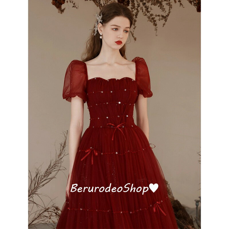 送料無料 結婚式ドレス 二次会ドレス ゲストドレス ワイン赤 リボン 可愛い チュール ドレス ロングドレス 結婚式 二次会ドレス ワインレッド ビーズ キレイめ イブニングドレス パーティードレス 成人式ドレス 発表会ドレス S M L XL XXL