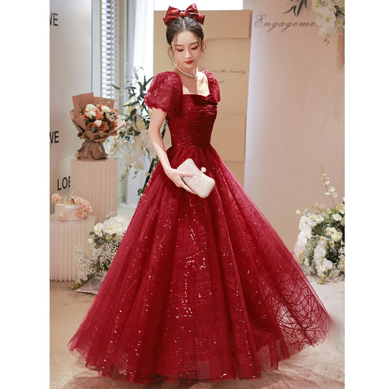 送料無料 ゲストドレス ワイン赤 結婚式ドレス 二次会ドレス パフスリーブ リボン 可愛い キラキラ キレイめ ロングドレス 結婚式 二次会 ワインレッド パーティードレス 成人式ドレス XS S M L XL XXL