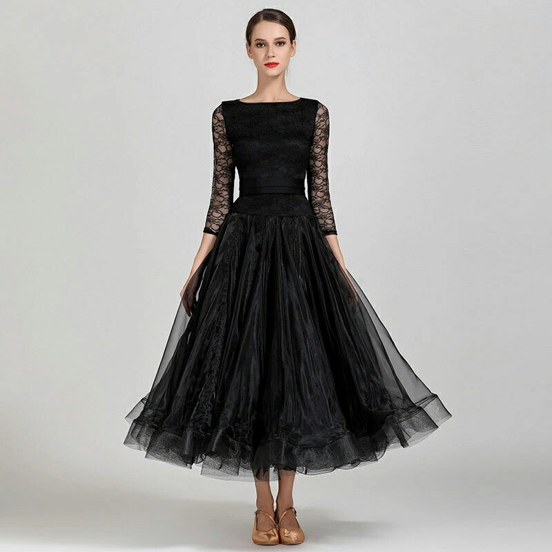 送料無料 社交ダンス衣装 モダンドレス 黒 赤 ブルー モダンダンス ドレス レース ブラック 広がる裾 ..