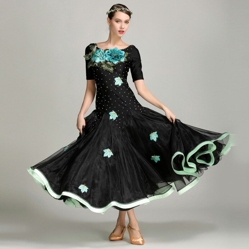 送料無料 社交ダンス衣装 社交ダンスドレス ブラック 刺繍花柄 オシャレ キレイめ ワルツ専用ドレス ダ..