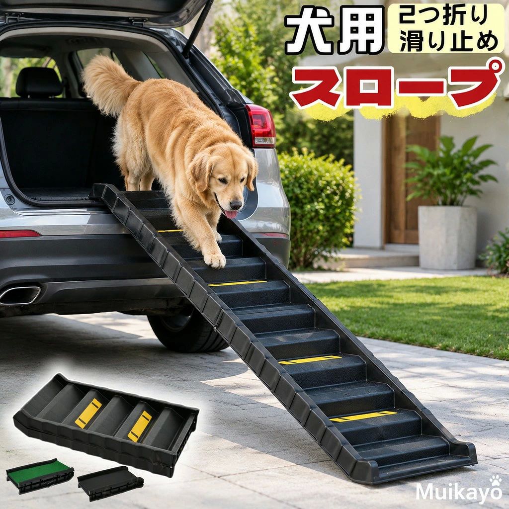 この商品について素材 プラスチックカラー ブラック+滑り止めストリップ付商品サイズ 39*155*6cm梱包サイズ 80.5*41.5*15cm梱包重量 4.8kgカラー ブラック サンドペーパー商品サイズ 40*155*6.5cm梱包サイズ 82*40*21cm梱包重量 5kgカラー ブラック 人工芝付き 商品サイズ 40*155*6.5cm梱包サイズ 80*40*19cm梱包重量 5.1kg 動きの不自由なペットの機動性を高める 子犬、老犬、怪我から回復したペットが車や階段を乗り降りに役立つドッグスロープです。緩やかな勾配を作るので、大型犬や老犬の足腰への負担を減らしてくれます。ペットを持ち上げなくてよいので、飼い主の負担を軽くできます。ワンちゃんだけでなく腰を痛めている飼い主さんにも嬉しいアイテムです。 半分に折りたためる省スペース仕様 折りたたむと1/2の大きさになる嬉しい省スペース仕様です。ワンちゃんの介護時に使いたい時や、車でのお出かけ時に荷台に積んでおく際もかさ張らずコンパクトに収納しておけます。 頑丈な材料 ペットスロープが頑丈なプラスチックにより作られ、丈夫で長持ちます。揺れ曲がりなくて、大きい犬でも安全に楽に歩けます。 優れた滑り止め性能 スロープに滑り止めサンドペーパーが設けて、よりよい滑り止め性能が持っています。安定感保有、滑らないように四つゴム足を設定しています。設置する際、本体裏側に滑り止めがあるので、しっかりと固定することができます。 耐荷重75kg スロープの耐荷重は75KGなので、チベタンマスティフ、ゴールデンレトリバー、アラスカなどの大型犬に適しています。愛するわんちゃんが安心して安全にご利用いただけます。 細部までこだわり 両側に高さ（約） 6.5cmのエッジがセットし、安全感抜群です。 スロープ裏側を格子状にすることでより高い強度に設計しました。 持ち運びに便利 両サイドにくぼみがあることで、掴みやすい仕様になっています。重さ4Kgで、折り畳み式スロープですので、持ち運びに便利、様々な場所で使用できます。 ご注意 ご購入前に使用高さを確認ください。多頭用ではありませんので、使用時は必ず1頭でご使用ください。スロープの表面は滑りにくい素材で、肉球にフィットするやさしいですので、昇り降りの際も痛くありません。 注意事項 ※画像はご覧になっているモニターやPCなどの環境により、実物と多少カラーが異なる場合がございます。※ページに記載の通りですが、製造時期や改良などによって仕様が若干異なる場合がございますので何卒ご了承下さい。※色味やサイズが異なるなどのクレームはご対応致しかねますので、ご了承ください。※商品のサイズは採寸方法によって、若干な誤差が生じる場合はあります。ご了承ください。※こちらの対応と商品について何かご不満がありましたら、「レビュー」を付ける前に一度ショップとご連絡してお願いいたします、ショップの誠意を持って 後まで対応させていただきます。 品質保証 ◎※販売している商品は全て新品未使用です、倉庫から出荷前に商品検査必要ですので、商品箱を開封する場合もございます、予めご了承くださいいませ。