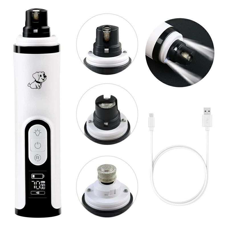 回転速度3段階調節＋3種類の爪きりポート 電動爪切りは高品質モーターを採用し、回転速度が低速7000回転/分から高速9000回転/分まで対応できる3段階調整可能です。本体のヘッド部分には3種類の爪きりポートがあり、違うペットに対応する研削面があります。ペットのサイズと爪の硬さに応じて適切なポートと速度を選択し、素早く愛猫~愛犬の爪トリマーを行い、とても操作簡単な 電動爪切りです。 高耐久性と安全性を両立 のネイルグラインダーのヘッドには、優れたダイヤモンド研磨石を採用しており、高耐久性で簡単に速くペットの爪を研ぐことができます。ペットの爪を傷付ける可能性を減らし、より安全的で効率的にペットの爪切りをできます。（爪に対して45°の角度で研磨してください。研ぎすぎると出血の可能性があります） ライトと液晶パネル付き ペット電動爪切りは2つの高輝度 ライトが搭載されます。周囲光の影響を受けないハイライトされた ライトは、 ペットの爪を正確に照らし、爪と血管をよりやすく見分けられます。ペットを傷つけるリスクを低減させ、偶発的な怪我を防ぎます。また、本体には液晶パネル付き、回転速度と電池残量がはっきり見えます。初心者の方でも扱いやすいです。 静音設計 この製品の動作音が出来るだけ小さくして、60db以下になりまして、ペットに与える恐怖感を減らし、もっと楽にペットの爪をマニキュアすることができます。 USB充電と大容量バッテリー 電動爪やすりは2200mAhのバッテリーを内蔵し、一回フル充電になったら 約 時間動作する可能です。ペットの爪切りの進捗に応じて途中電源切れになったりはしなく、とても便利な 電動爪トリマーです。またUSB ケーブルが付き、パソコンやモバイルバッテリーで充電できるので、様々な場所で便利にご使用いただけます。メーカー希望小売価格はメーカーカタログに基づいて掲載しています