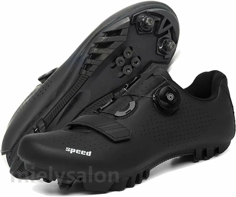 超軽量 自転車用スパイク付き 外装素材合繊クロージャータイプ面ファスナー耐水レベル非防水サイズ：男女兼用。例：足の長さを測ったら25cmだったら25.0cmサイズを選んでください、足の幅が広いなら1サイズ大きい方をお選びください。シーン：MTB、シクロクロス、ロードサイクリング、インドア フィットネスサイクリング、通勤・通学、ツーリングに最適なサイクリングシューズ。アッパーには新素材のナノシンセティック素材を使用し、特別に設計された通気孔が空気の循環を促進し、足を爽やかに保ちます。 ライニングは柔らかく、靴は軽量です。 結ばない靴紐とベルクロでゆるさを調整し、最高のフィット感を実現超軽量ナイロンソールは滑りにくく、耐摩耗性に優れています。SPD、SPD-SL、KEOなどの2ボルトまたは3ボルトのペダルシステムに対応し、マグネットペダルにも適応します。MTBモデルは歩きやすいソールで、フロントにクリートナットを装着してグリップ性を高めることが可能です 5