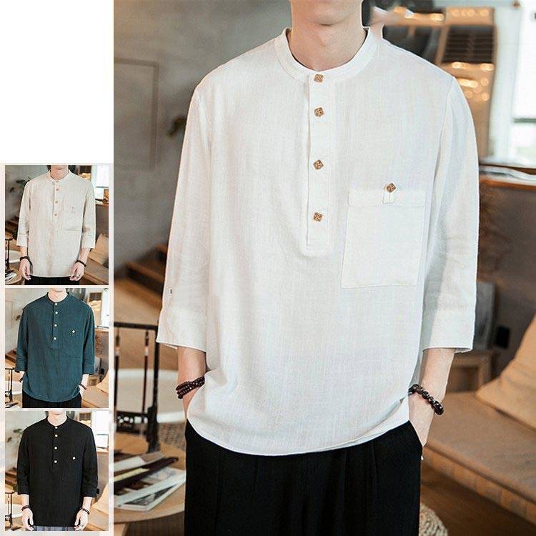 Rakuten - 【楽天スーパーSALE】七分袖シャツ 無地 チャイナ服 シャツ 中華風 7分袖 立襟 ヘンリーネック シャツ カジュアル