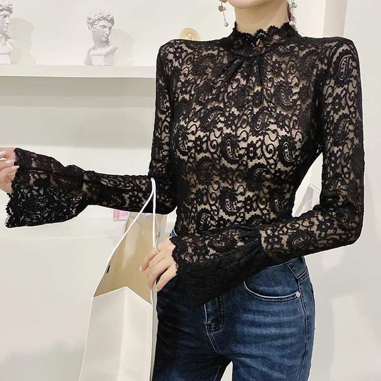 【楽天スーパーSALE】総レース 上品 花柄レース バルーンスリーブ 透け感 刺繍ブラウス ストレッチ 透かしレース 透かし ハイネック トップス 長袖 総レース レディース インナー レイヤード シアートップス カットソー 花柄 セクシー スリム berush-10006455 Be-RushSHOP サンプル画像3