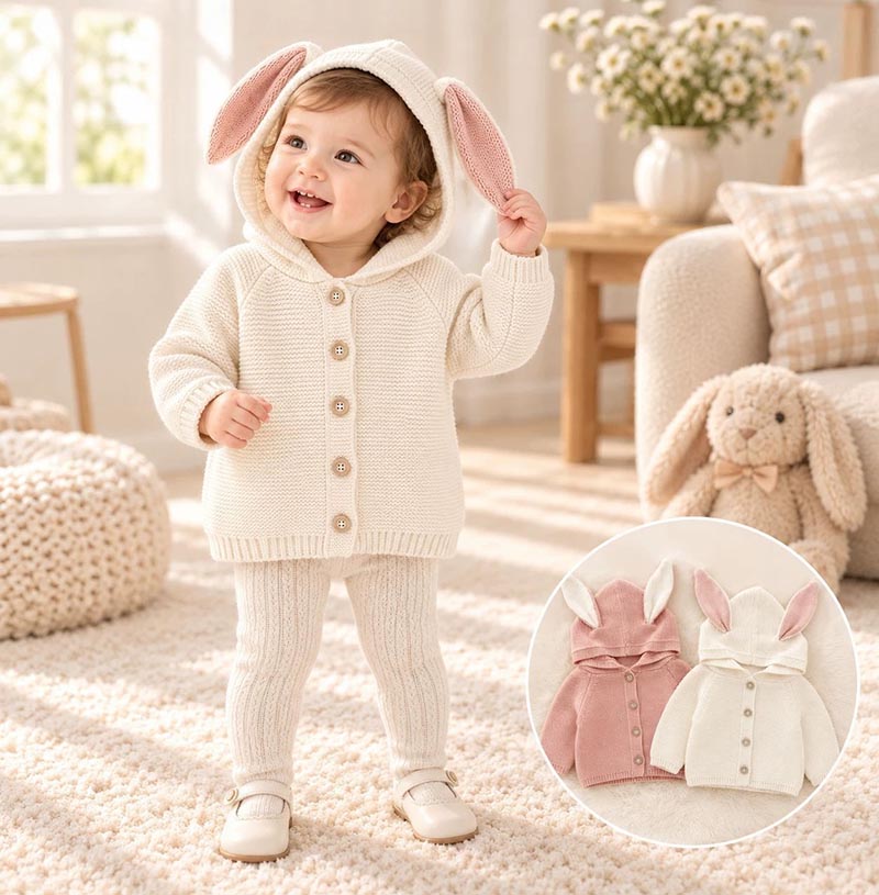 ベビー服 ニット カーディガン ウサギ耳 フード付き 100%綿 ジャケット 長袖 キッズ 子ども服 防寒 セーター 編み トップス キッズ ベビー シンプル ニットトップス 柔かい お出かけ 新生児 出産お祝い 通気性 笑顔 百日祝い お宮参り ギフト 楽天海外通販
