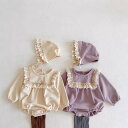 ベビー服 女の子 ロンパース フリル ボンネット付き 帽子 レース パープル アイボリー 出産祝い ギフト アイボリー 01328