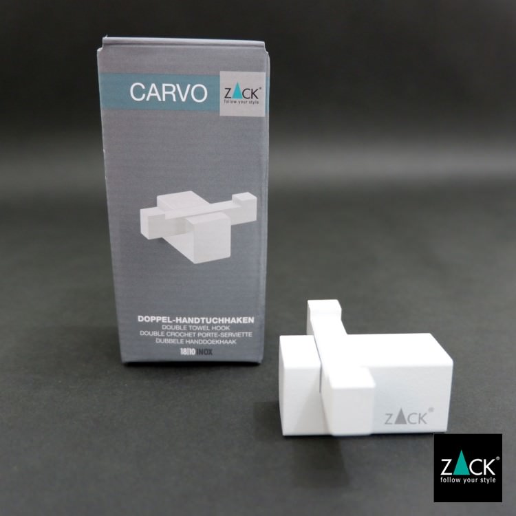 ダブルタオルフック ホワイト｜ZACK 40814 CARVO フック ダブルフック 2本フック ループタオルフック 壁付け DIY ステンレス おしゃれ 雑貨 スタイリッシュ モード かっこいい 上質 高級 ホテルライク 男前インテリア インダストリアル ドイツ デザイナーズ [在庫有り]