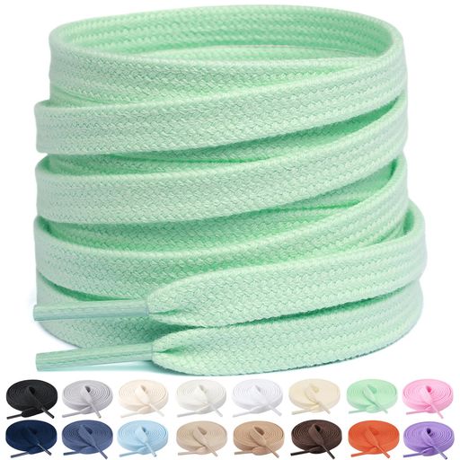 [Stepace]2足(4本入り)純綿平紐平型靴ひも長さ100~160cm16色コットンシューレースペパーミントグリーン..