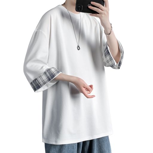 [Culeevp]夏服メンズtシャツメンズ七分袖半袖大きいサイズ無地速乾性柔らかい服メンズ白2XLC0-161