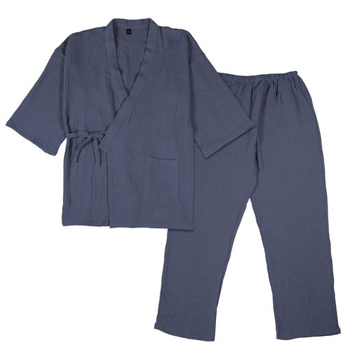 [ComfortU]作務衣メンズ浴衣甚平7分袖寝間着綿100%クレープガーゼメンズのパジャマ上下セット紳士甚平無地通気性吸汗和柄和服春夏用ルームウェアポケット付き父の日贈り物(XL灰青)