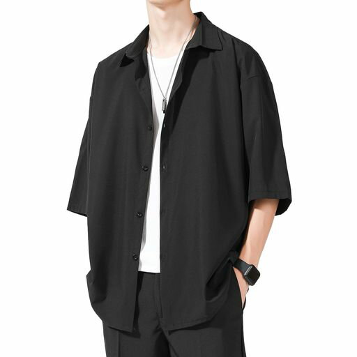 [Culeevp]シャツメンズ五分袖半袖大きいサイズ無地速乾性柔らかい軽い夏服メンズtシャツ黒3XL