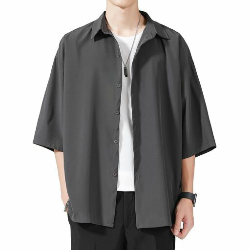 [Culeevp]シャツメンズ五分袖半袖大きいサイズ無地速乾性柔らかい軽い夏服メンズtシャツ灰L