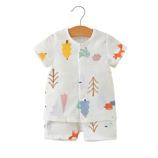 ベビー服パジャマ上下セット半袖夏前開きガーゼ男の子女の子赤ちゃん出産祝いプレゼント森柄73cm