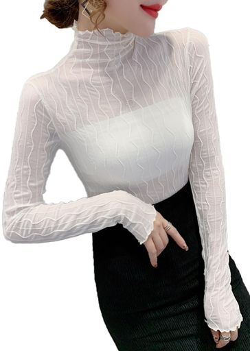 [Viktrui]シアートップスレディースの透明なハイネックシャツ、長いスリーブのかわいいスレッドボトム..