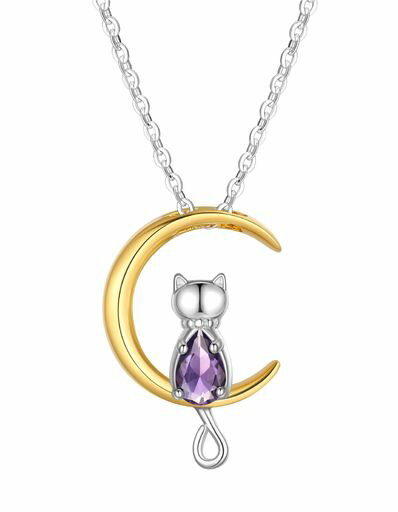[JustBeingCute]誕生石ネックレスレディース可愛いねこと月ペンダント女の子プレゼント人気ネックレス..