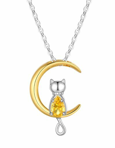 [JustBeingCute]誕生石ネックレスレディース可愛いねこと月ペンダント女の子プレゼント人気ネックレス..