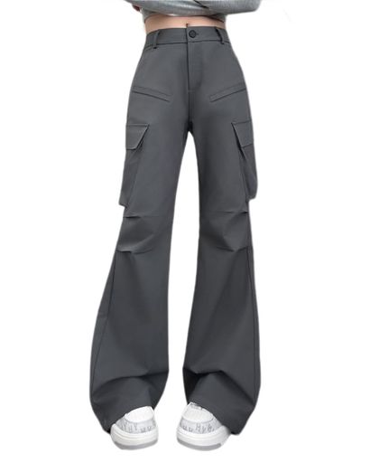 [MTUIOY]カーゴパンツレディースフレアパンツストリートカジュアルストリートストレッチ薄手ハイウエスト春夏秋-Gray-XL