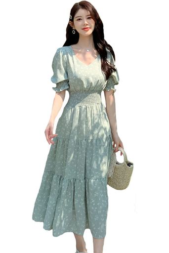 [Chubikime]ワンピース夏レディースリゾートワンピースロング花柄ドレスシフォンフレア半袖VネックAライン着痩せきれいめおしゃれ