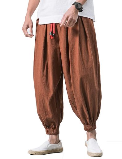 [Butrends]メンズサルエルパンツガウチョパンツ袴パンツ無地カジュアルワイドゆったり夏服ポケット付き..