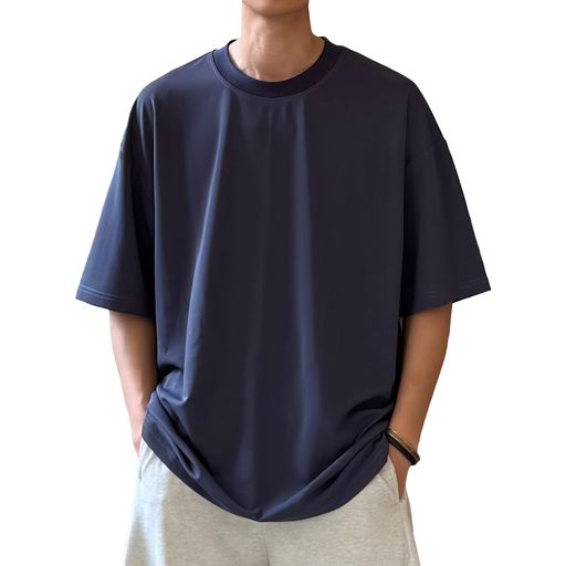 [CHANGEWELL]メンズ「2025SS」ファッション夏服7.4オンス(半袖)ストレッチオーバーサイズシルエット吸湿速乾汗しみないTシャツ(NAVY2XL)