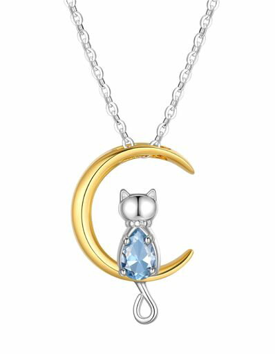 [JustBeingCute]誕生石ネックレスレディース可愛いねこと月ペンダント女の子プレゼント人気ネックレス..