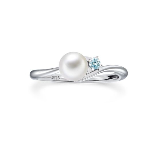 [Freebird]誕生石指輪レディースアクアマリン「真珠の誓い」パールリング調整可能天然淡水パールシルバ..
