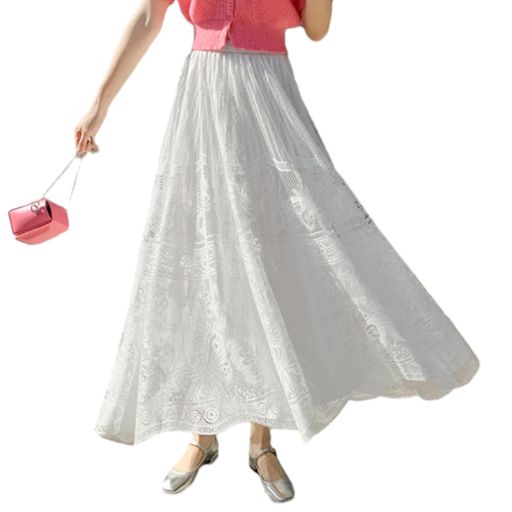 [POGCZMKK]ロング丈スカートレディース総レース花柄刺繡メッシュ裏地付きフレアスカートAラインゆったりシンプルウエストゴム可愛い大きいサイズカジュアルファッション普段着着痩せ着…(4)