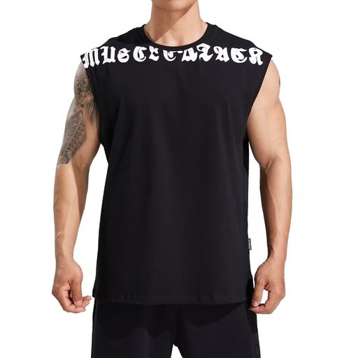 [KULIXI]タンクトップメンズトレーニングノースリーブボディビル筋トレジム吸汗Tシャツトレーニングスポーツウェアトップス100%コットン大きなサイズBX-0223ブラックM