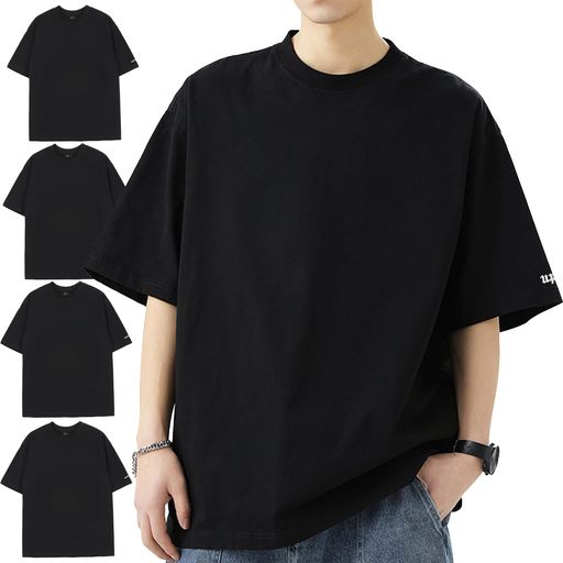 [uptoyou]Tシャツメンズ半袖8.1オンス綿100柔らかい秋用透けない無地大きいサイズヘビーウェイトビッグシルエット吸汗速乾厚手刺繍ワンポイント丸首定番トップス秋冬重ね着(2XLブラック(4…