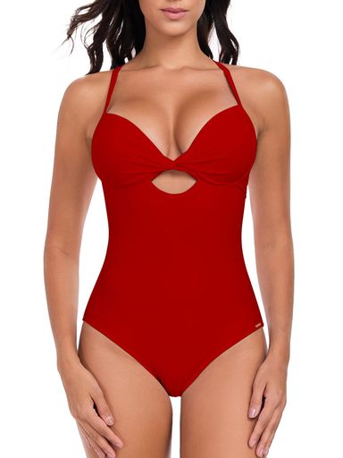 [RELLECIGA]レデイース水着ワンピースVネック盛れる体型カバー女性用水着温泉サウナプール(レッド、S)