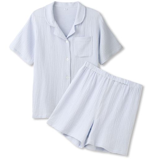 [JACKIE&YORK]パジャマレディース半袖夏綿100二重ガーゼルームウェア長袖部屋着夫婦上下セット吸汗通気肌に優しい寝巻き(サックスM)