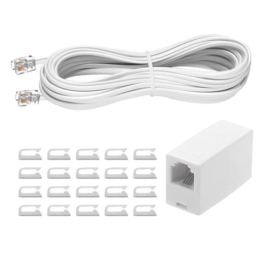 7.7m電話延長ケーブルRJ116P4C純銅線コア安定通信インラインカプラー+クリップ20個付属ファクシミリ/モ..